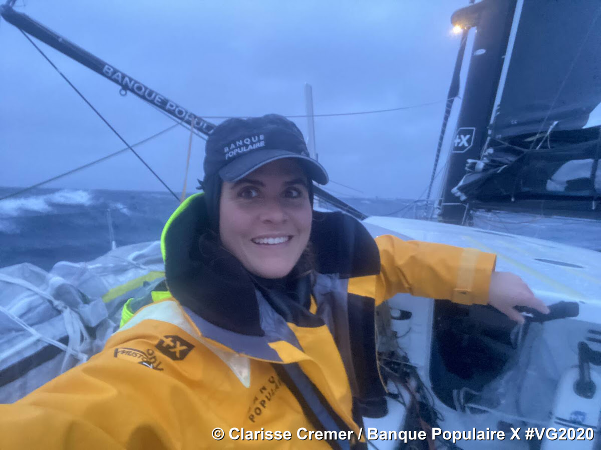 Leader Bestaven on Atlantic climb, Herrmann Repairs Mainsail